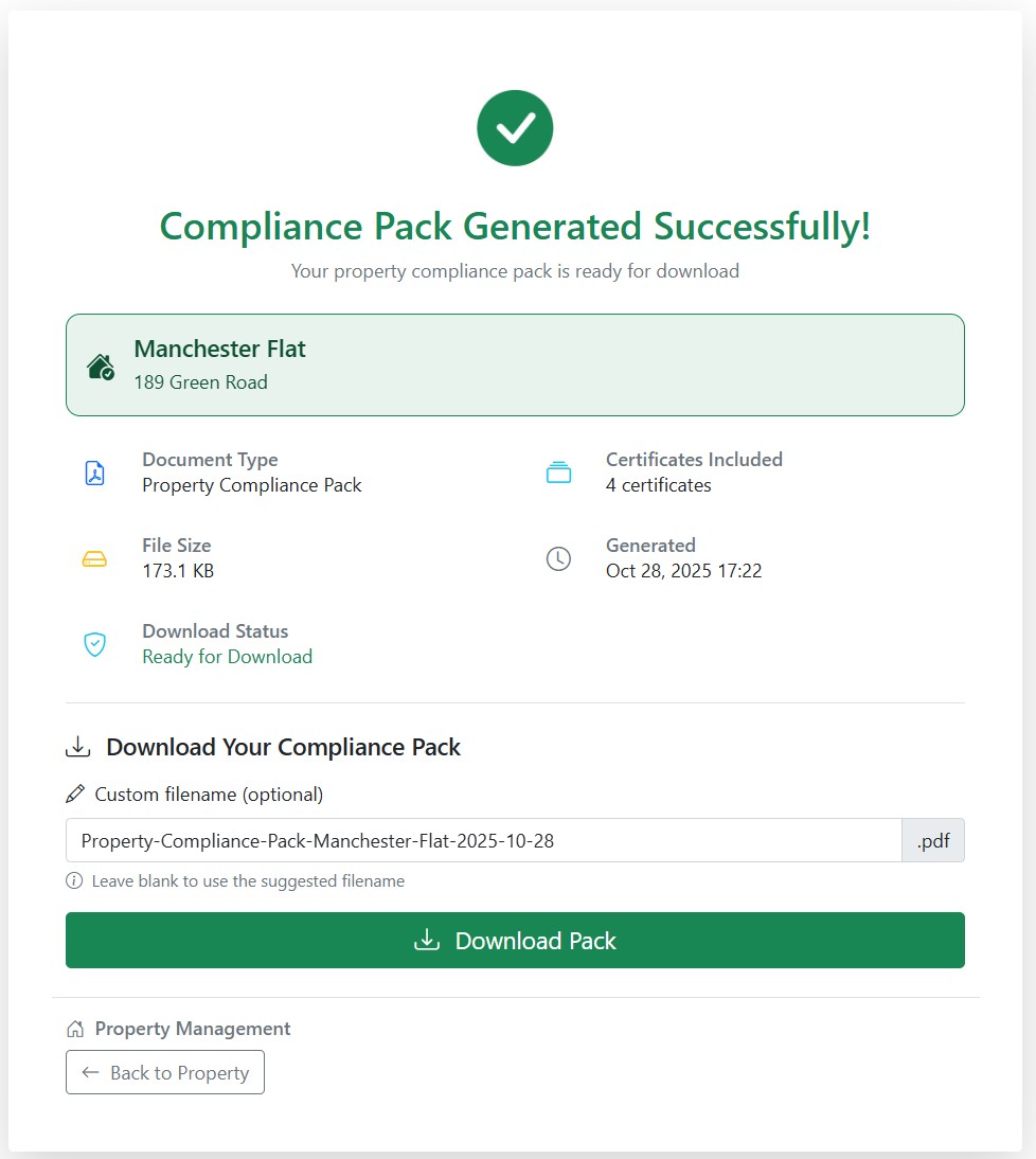 Example of a PDF compliance pack for a rental property