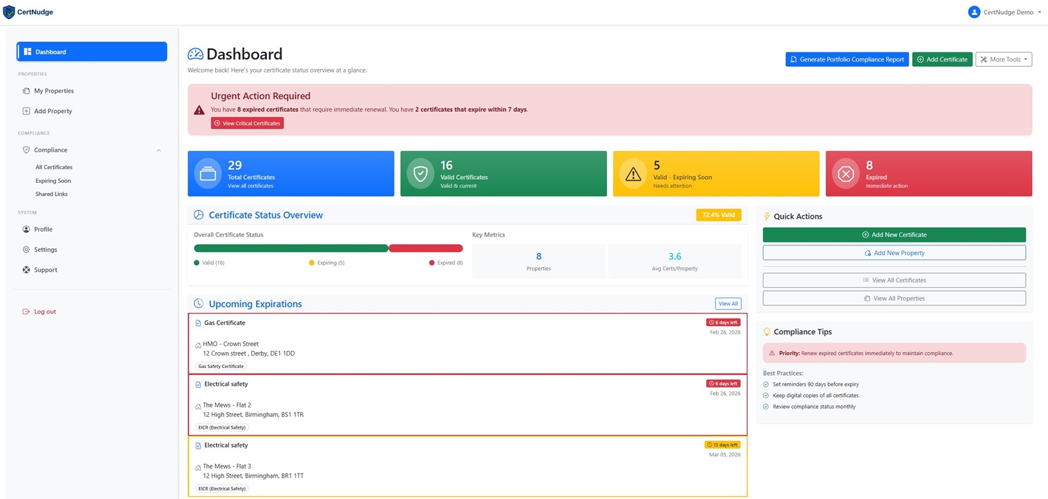 CertNudge landlord compliance dashboard on mobile and desktop