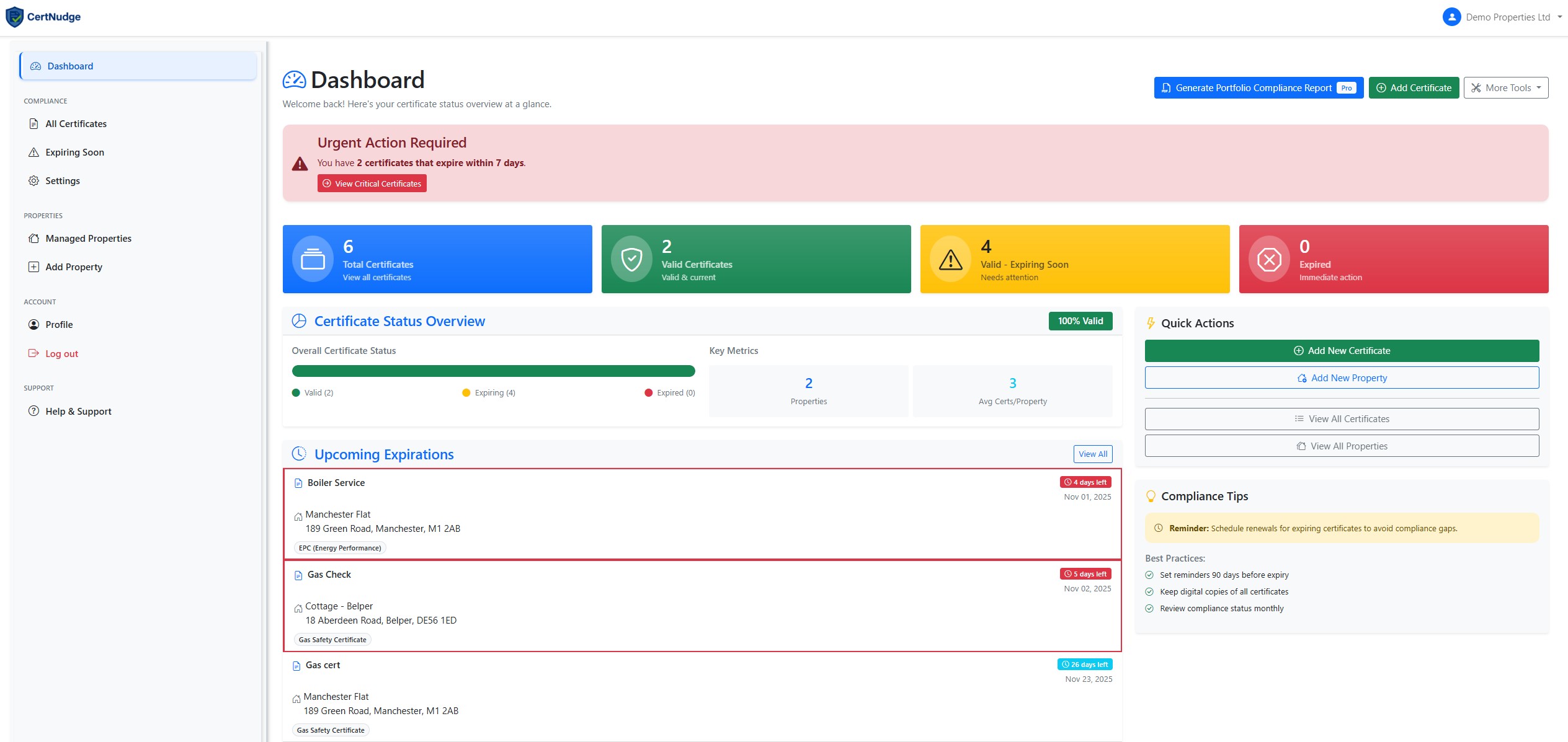 CertNudge certificate tracking dashboard screenshot