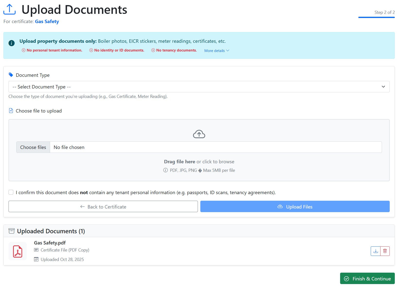 Step 1: Uploading a gas safety certificate PDF