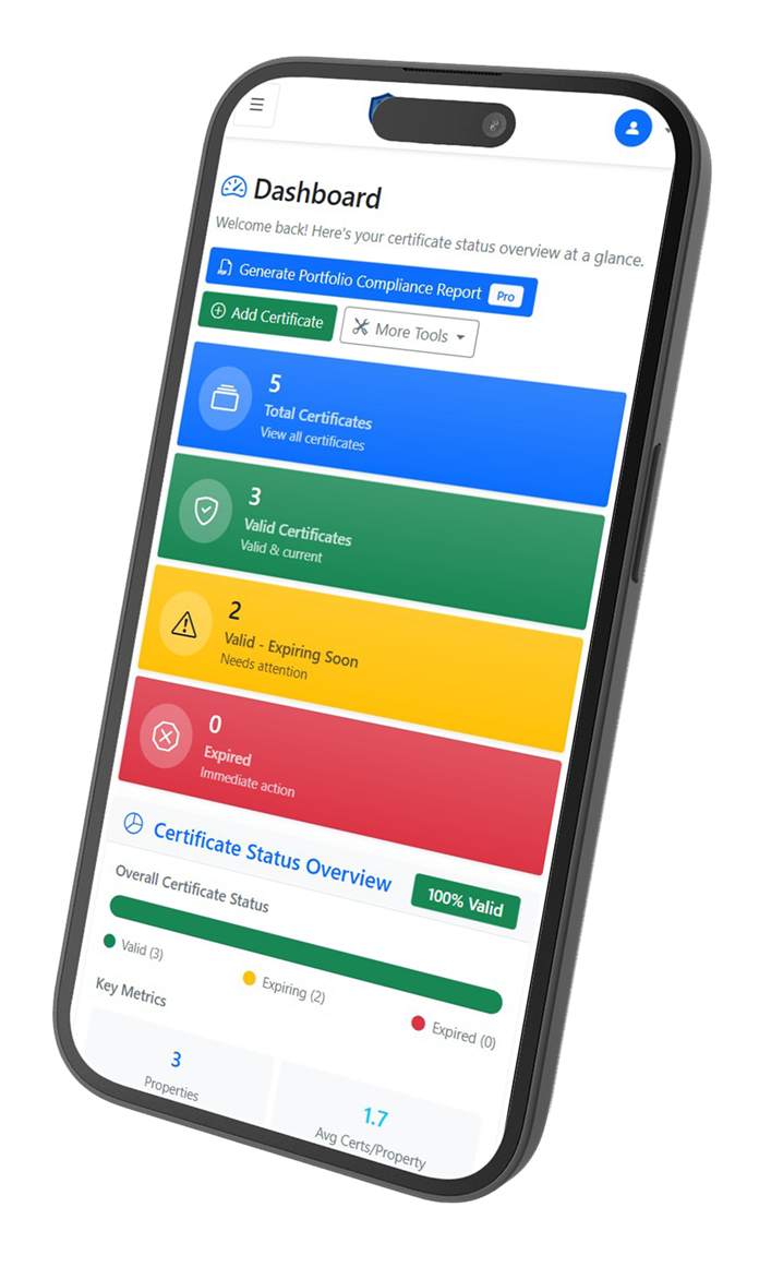 Landlord using CertNudge compliance dashboard on a mobile phone