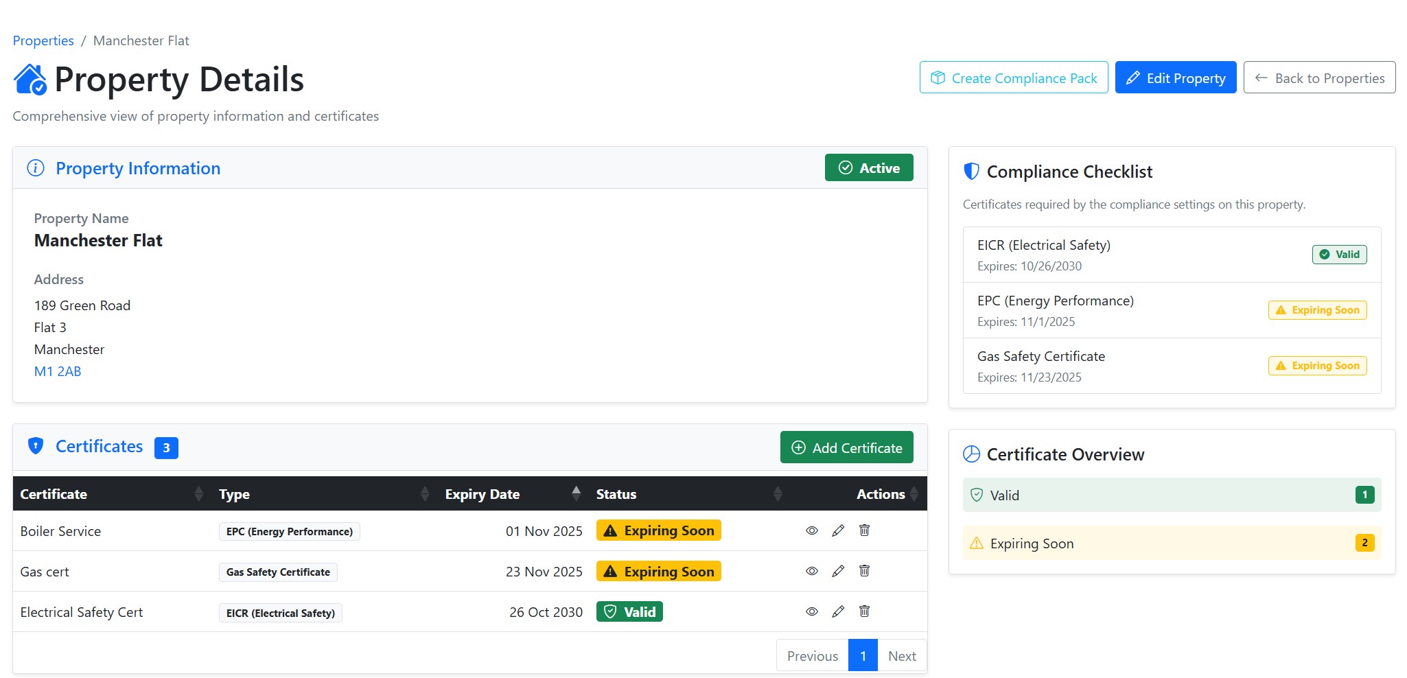 Screenshot of the CertNudge property details showing property compliance status