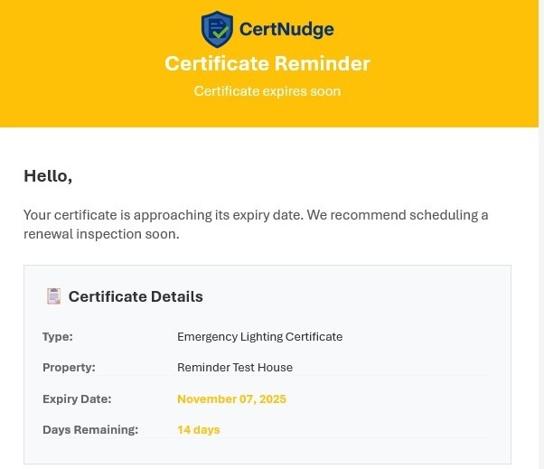 Example reminder email warning that an EICR is due for renewal