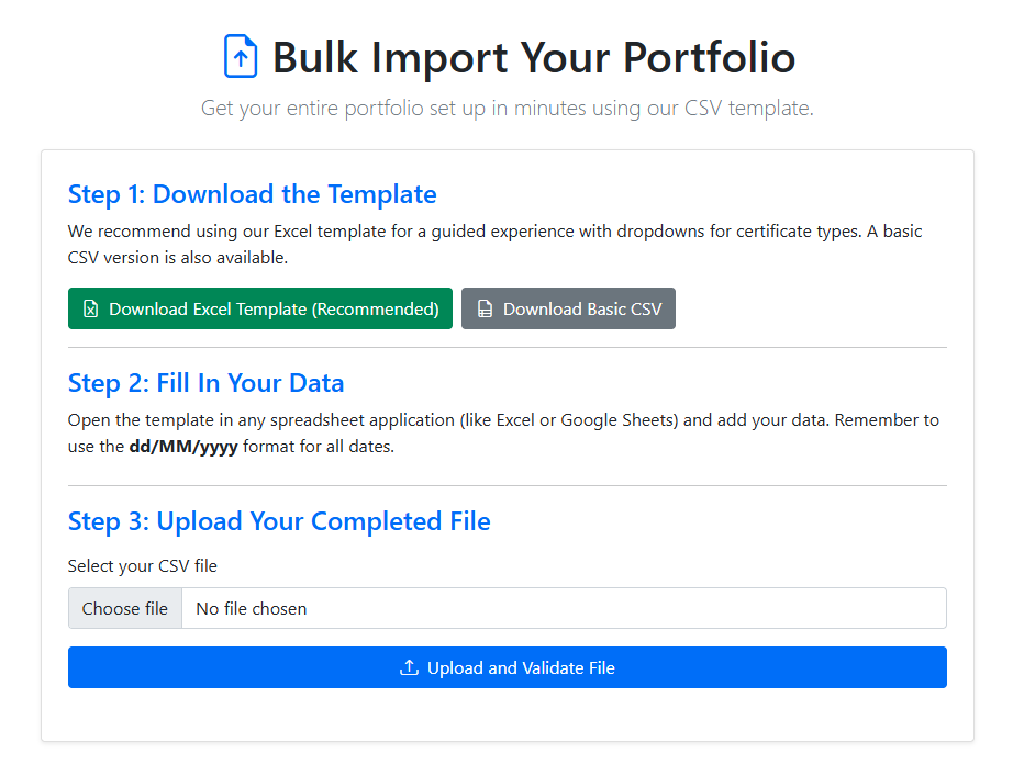 Visualisation of importing a CSV file into CertNudge