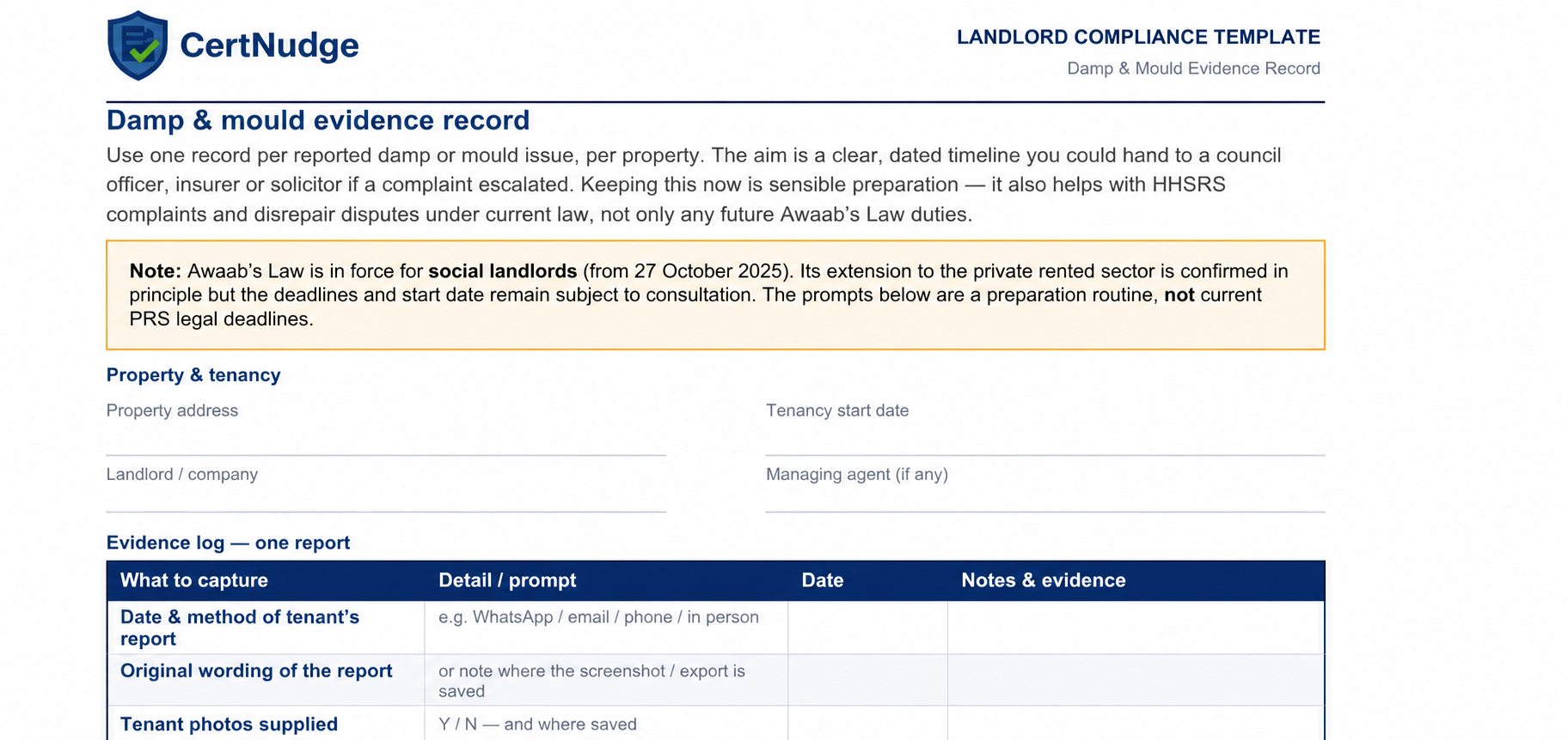 Preview of the Damp and Mould Evidence Record for England landlords