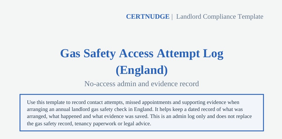 Preview of the Gas Safety Access Attempt Log template for England landlords