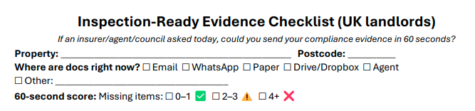 Preview of 2026 Inspection-Ready Evidence Checklist PDF for UK landlords (CP12, EICR, EPC, HMO compliance)