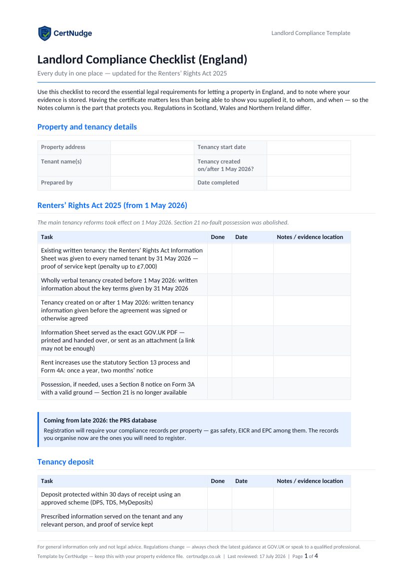 Preview of the Landlord Compliance Checklist for England