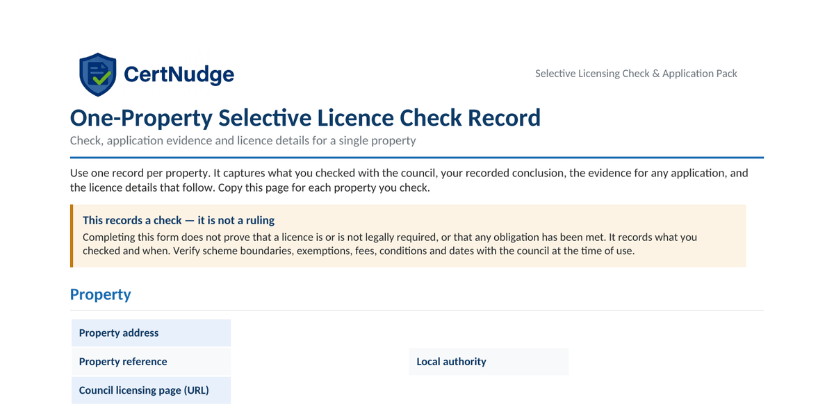 Preview of the One-Property Selective Licence Check Record included in the pack for landlords in England
