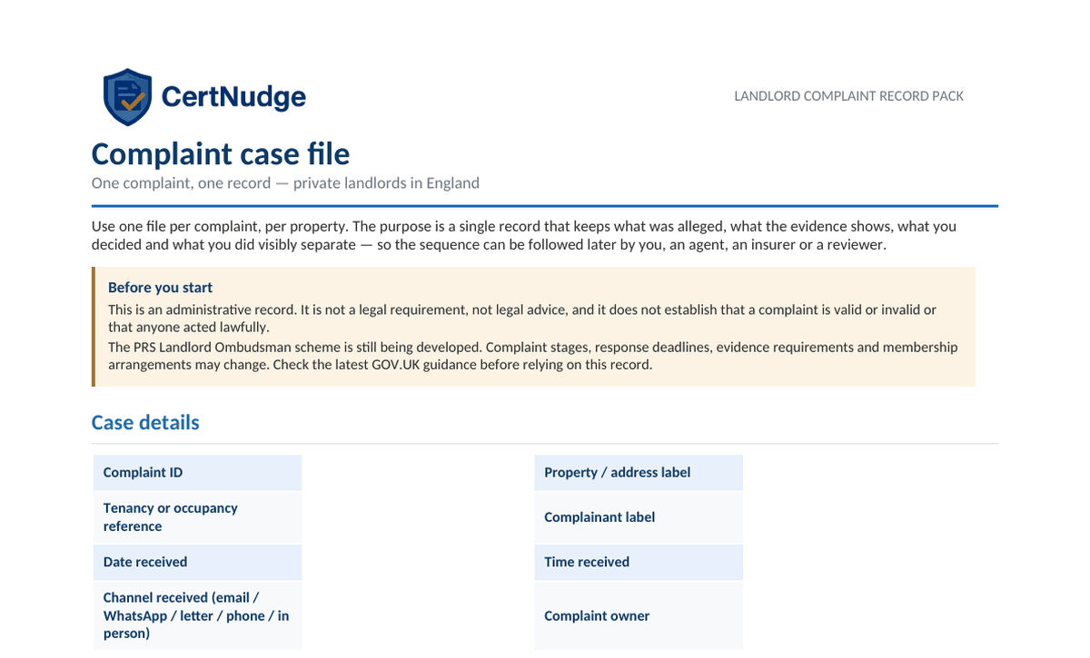 Preview of the complaint case file included in the Private Landlord Complaint Record Pack for England