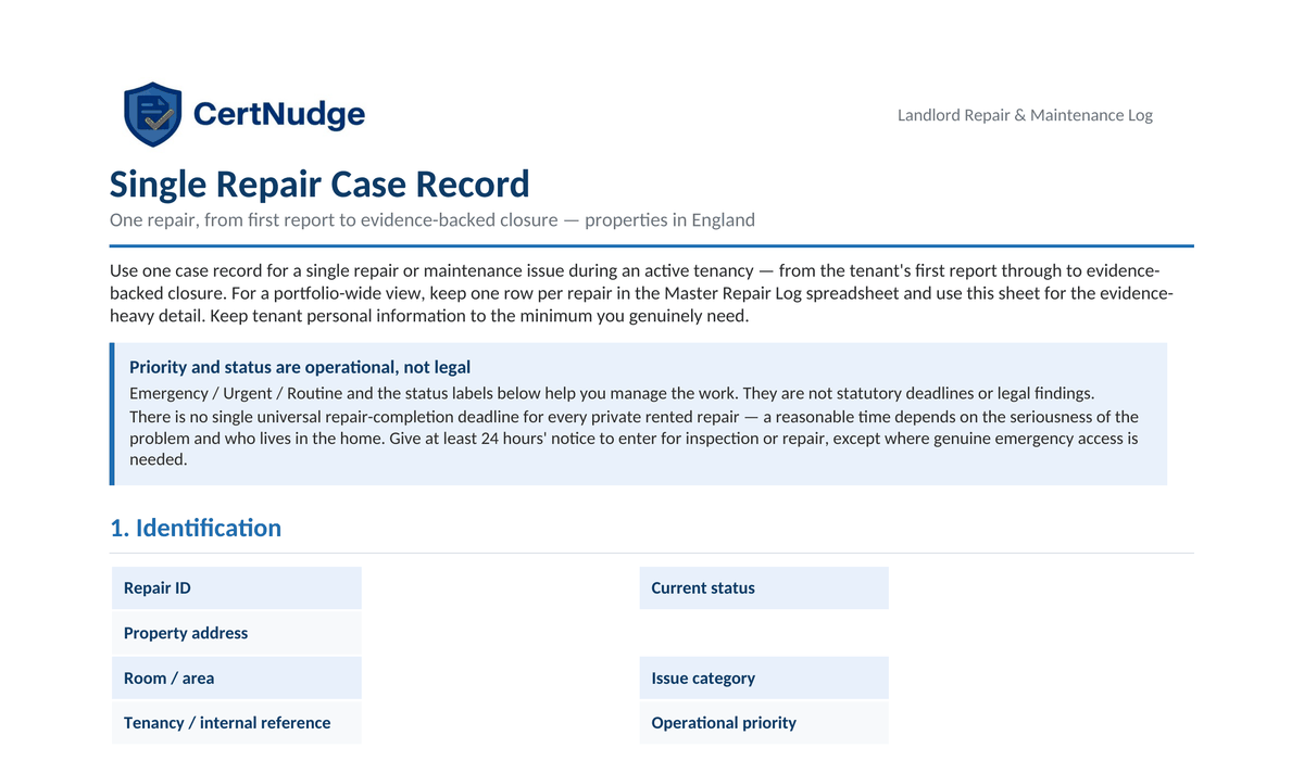 Preview of the Single Repair Case Record included in the Private Landlord Repair and Maintenance Log Pack for England