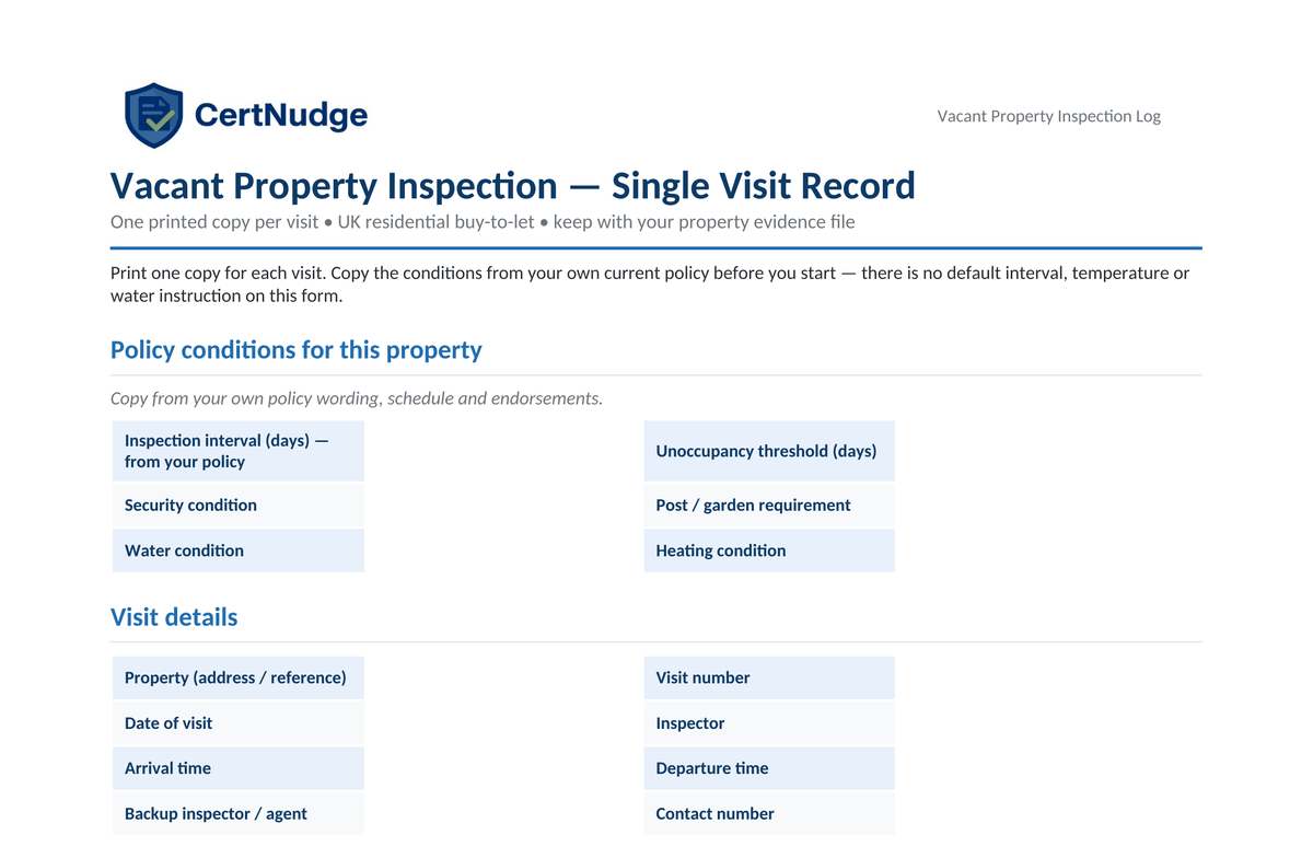 Preview of the Vacant Property Inspection Single Visit Record included in the pack for UK private landlords