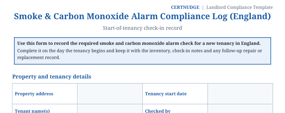 Preview of the Smoke and CO Alarm Compliance Log template for England landlords