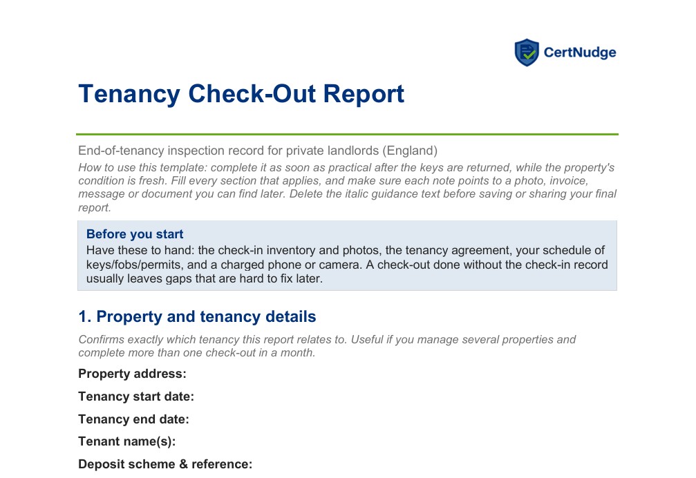 Preview of the Tenancy Check-Out Report template for England landlords