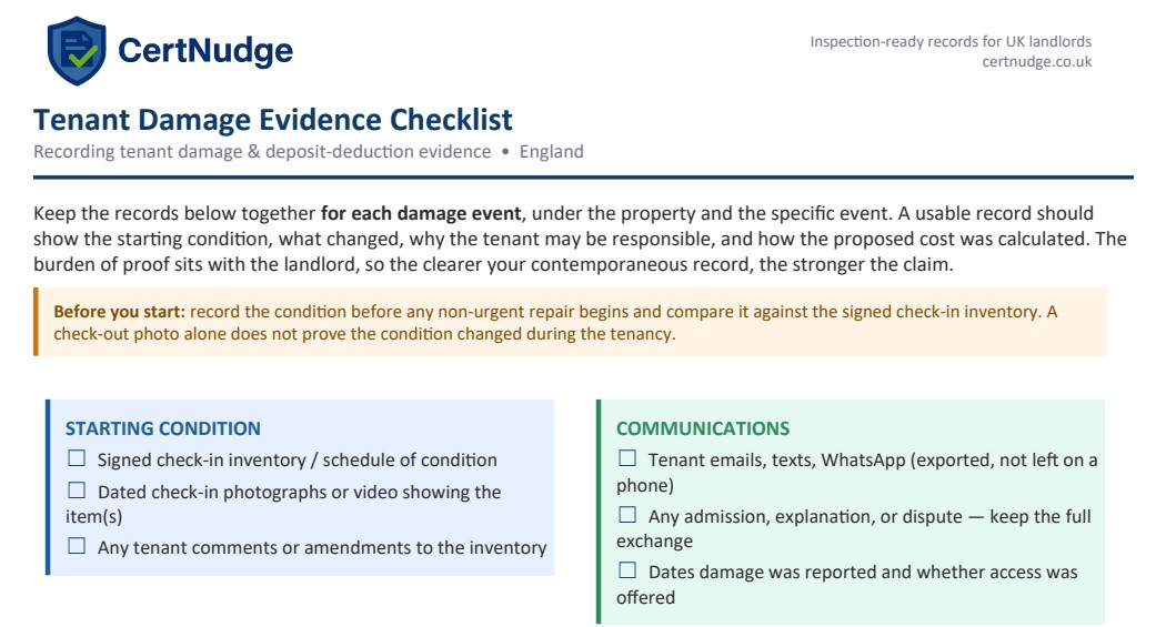 Preview of the Tenant Damage Evidence Checklist for England landlords