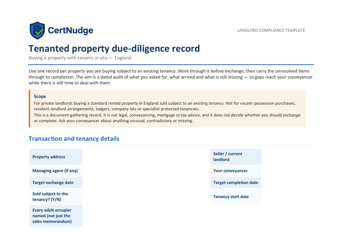 Preview of the Tenanted Property Due Diligence Record for England landlords